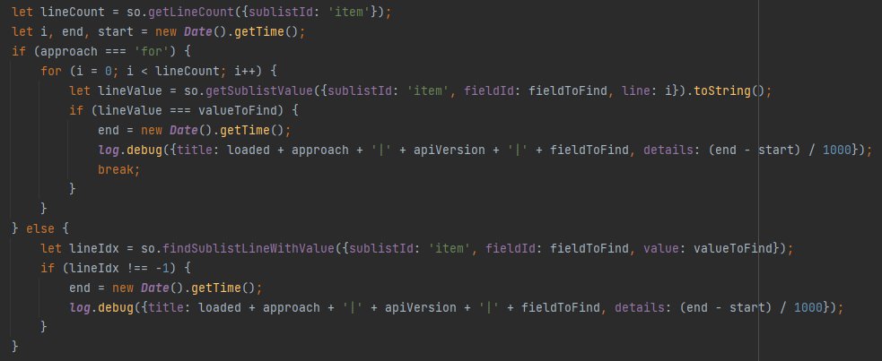 NSuiteInsights's tweet image. There are two ways to find sublist lines with a specific value: Looping over the entire sublist (pure Javascript) or using NetSuite&apos;s Record.findSublistLineWithValue method. Learn which one performs better: netsuite.smash-ict.com/comparison-of-… #netsuiteinsights #becauseyoudeservetoknow