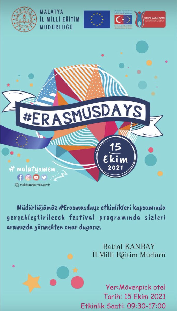 Yarın saat 09.30’da
İl Müdürlüğümüzce Erasmusdays etkinlikleri kapsamında festival programı düzenlenlenecektir.
Katılımlarınızdan onur duyarız.<a href="/tcmeb/">Millî Eğitim Bakanlığı</a> @KanbayBattal #malatyamem #Erasmudays