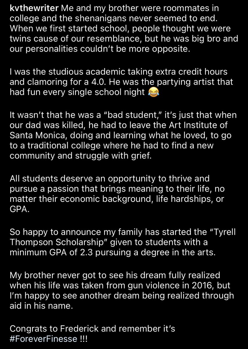 KVtheWriter's tweet photo. A scholarship in my brother’s name 💙 

#ForeverFinesse https://t.co/jh3nKiPfCE
