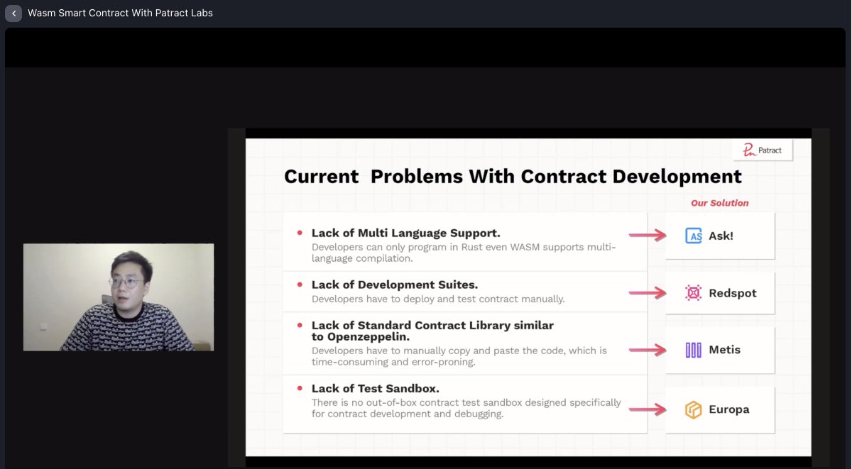 At #Sub0 online: We are trying to solve the problems when using Wasm contracts in Polkadot. Our product stack includes #Ask!, #Redspot, #Metis, #Europa and so on.