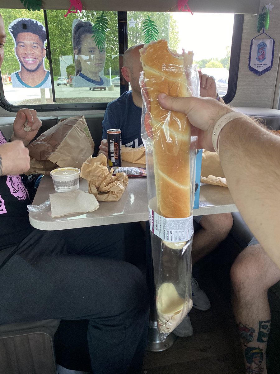 zlaka_84's tweet photo. Irruption Tour 2021 update stop # 2 lunch break at @panerabread & @meijer just outside Indianapolis. Got a Meijer Super Sub that ended up dropping it’s insides half way down. But that’s what cellophane is for!! @ForwardMSNFC & @fwdflock #IrruptionTour2021 #FlockOnTour #PartyBus https://t.co/RZzBRt31Ih