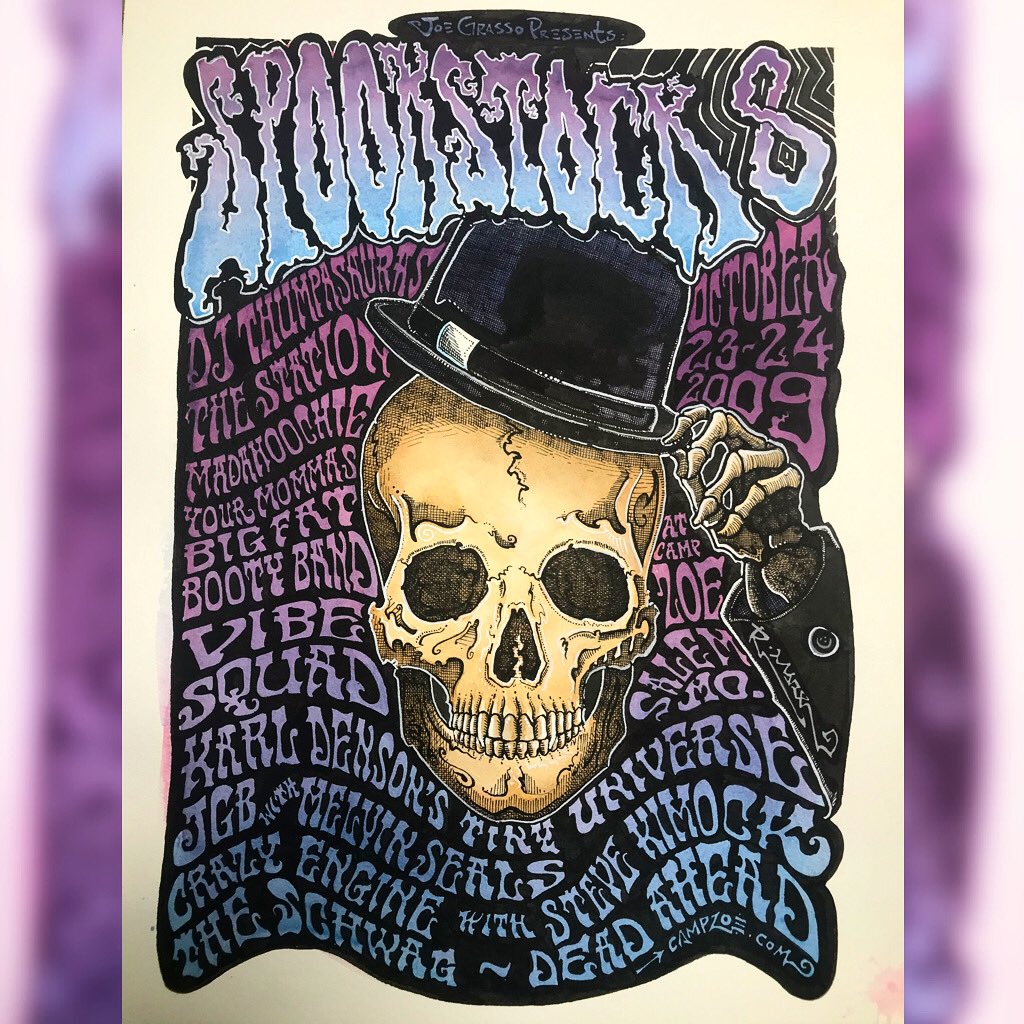 MarxRobby's tweet photo. From the #Archive...
Here’s a spooky one
from a while back!
Spookstock 8 ⚡️💀⚡️
#art #arte #artist #rmarx #watercolor #penandink #drawing #painting #skull #skully #spooky #campzoe #design #illustration #spookstock #gigart #daysgoneby
#artlife
EnJoY the day out there!
🔥😎🔥 https://t.co/gV2Q2gPL2h