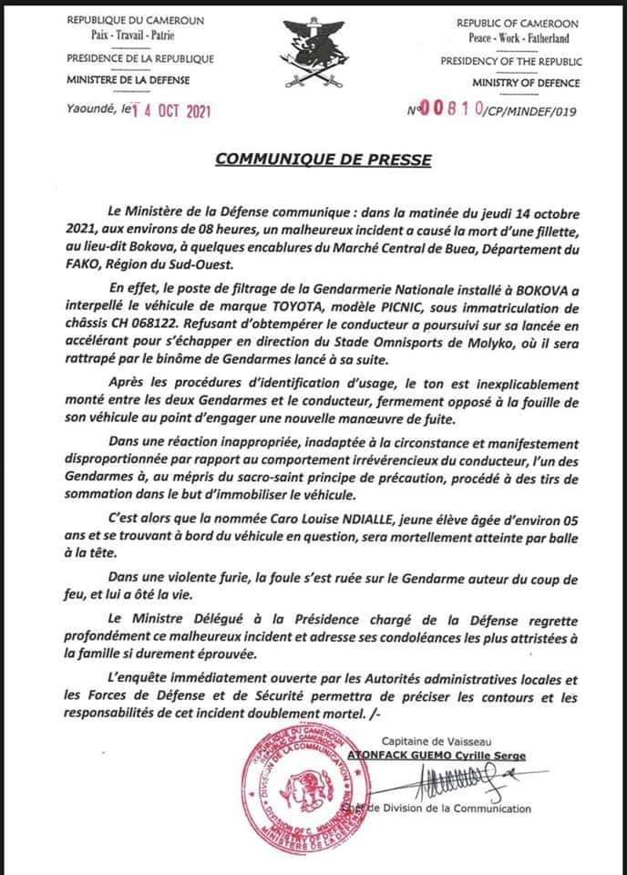 #Ambazonia: LRC #MINDEF justifies the killing of a 7 year old child by their military encouraging these colonial forces to immobilise cars by aiming at the passenger's seat rather than the tyres. <a href="/LeahHardingAJE/">Leah Harding</a> <a href="/billyb2009/">BillyB</a> <a href="/TiborPNagyJr/">Tibor Nagy</a> <a href="/USEmbYaounde/">U.S. Embassy Yaounde</a> <a href="/UN/">United Nations</a> <a href="/marcel_lucht/">marcel_lucht 🇪🇺</a>