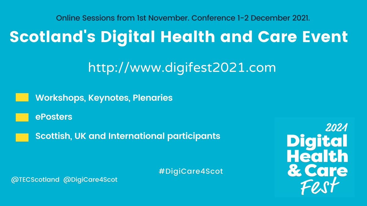 TECScotland's tweet photo. 📣Registration is open for sessions starting on 1st November. #DigiFest21 https://t.co/4X4oI8Ss4E
@DigitalCCPS @DHCScot @BCS_HealthScot @dhiscotland @DigTelecareScot @mPower_health
#DigitalSkillsSocialCare #HumanRightsPrinciplesInDigital
#DigitalTelecare
#DigitalProfessionals https://t.co/5tZV8RkGX9