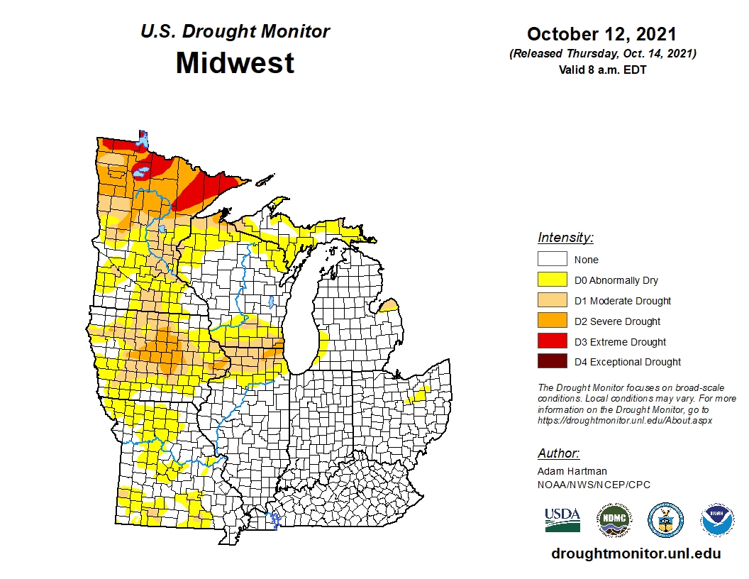 This week's drought monitor update shows a slight improvement in conditions across portions of western Minnesota due to recent rainfall. https://t.co/DLj41wb78o #mnwx #wiwx https://t.co/LTBXoqALwq