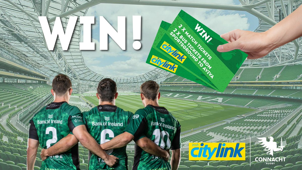 connachtrugby's tweet photo. WIN TICKETS TO THE AVIVA WITH CONNACHT RUGBY &amp; CITY LINK!
 
We are giving away 2 tickets for CON  V ULS in the Aviva, Saturday 23rd Oct , 17:15! PLUS  2 return tickets from the Sportsground to the Aviva for you and your friend on game day!
Like, retweet and tag your rugby friend! https://t.co/kpST7Jvw3d