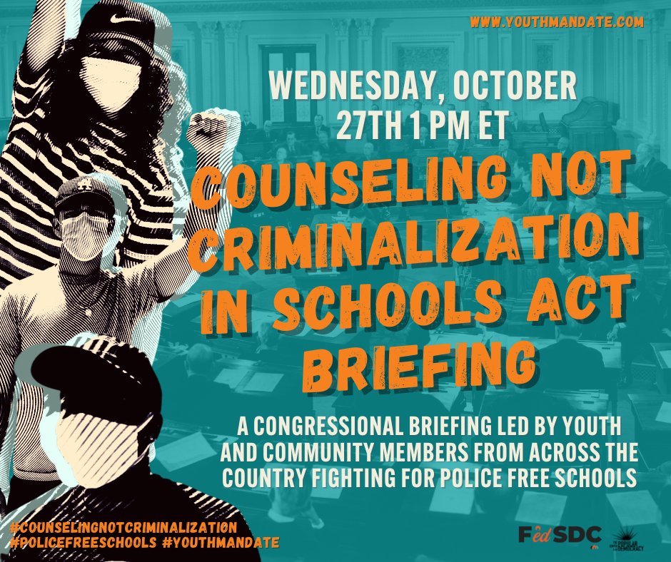 Join youth and community members for a congressional briefing on  to help end policing and the criminalization of students in schools. #PoliceFreeSchools #CounselingNotCriminalization
Registration Link: us02web.zoom.us/webinar/regist…