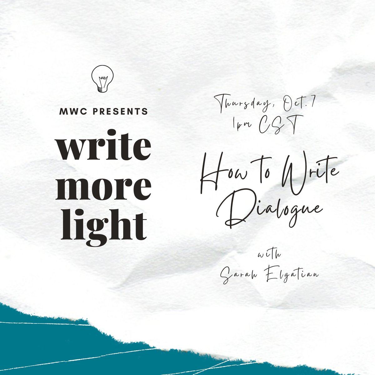 MWC_QC's tweet photo. We're going live in 15 minutes (1pm CST) with how to write dialogue (and why it's hard for so many people).
Tune in live at https://t.co/1j5AuydAMC
#writemorelight #mwc #mwcqc #midwestwritingcenter #writemore #dialogue #writing #writingclass https://t.co/K4uL5x8LH1
