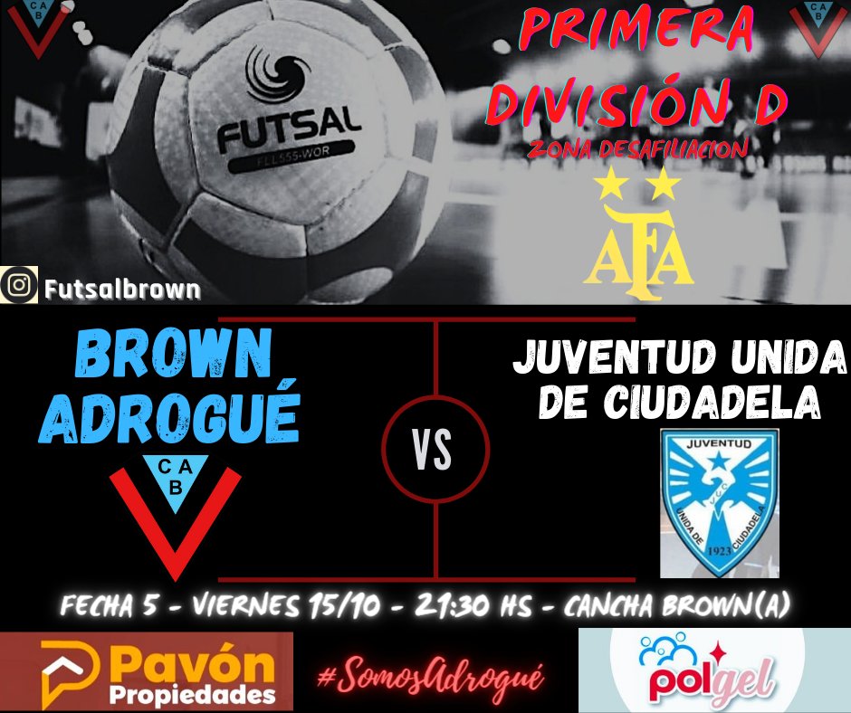 CAMPEONATO DE PRIMERA DIVISIÓN "D" FUTSAL 2021
ZONA DESAFILIACIÓN 
Fecha 5 
⚽️Juventud Unida de Ciudadela 
🗓 Viernes 15/10
⌚21:30 
🏟 Gimnasio Nicolás Abud ( Cerreti 868, Adrogué)
<a href="/camareromartin/">Martín Camarero</a>
<a href="/chiquitapia/">ChiquiTapia</a>
<a href="/afa/">AFA</a>
<a href="/pasionfutsal/">Pasión Futsal</a>
<a href="/adostoquesfut/">A Dos Toques Futsal</a>
#SomosAdrogué 
#SomosFamilia