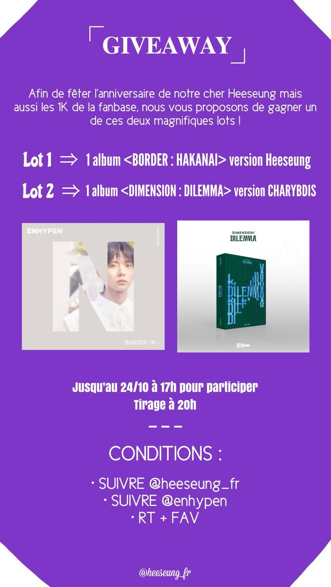 heeseung_fr's tweet photo. ⌜141021⌟ － GA

━ En ce jour d’anniversaire, voici des petits cadeaux pour vous aussi Aces ! 
N’hésitez pas à tenter votre chance 🍀 

ACE HEESEUNG DAY
#OurGreatestLoveHEESEUNG
#어텐션_플리즈_모두_희승_생일_주목해 #DIMENSION_DILEMMA #이희승 #HEESEUNG #ENHYPEN #앤하이픈 #ENGENE https://t.co/VCAitukHCl