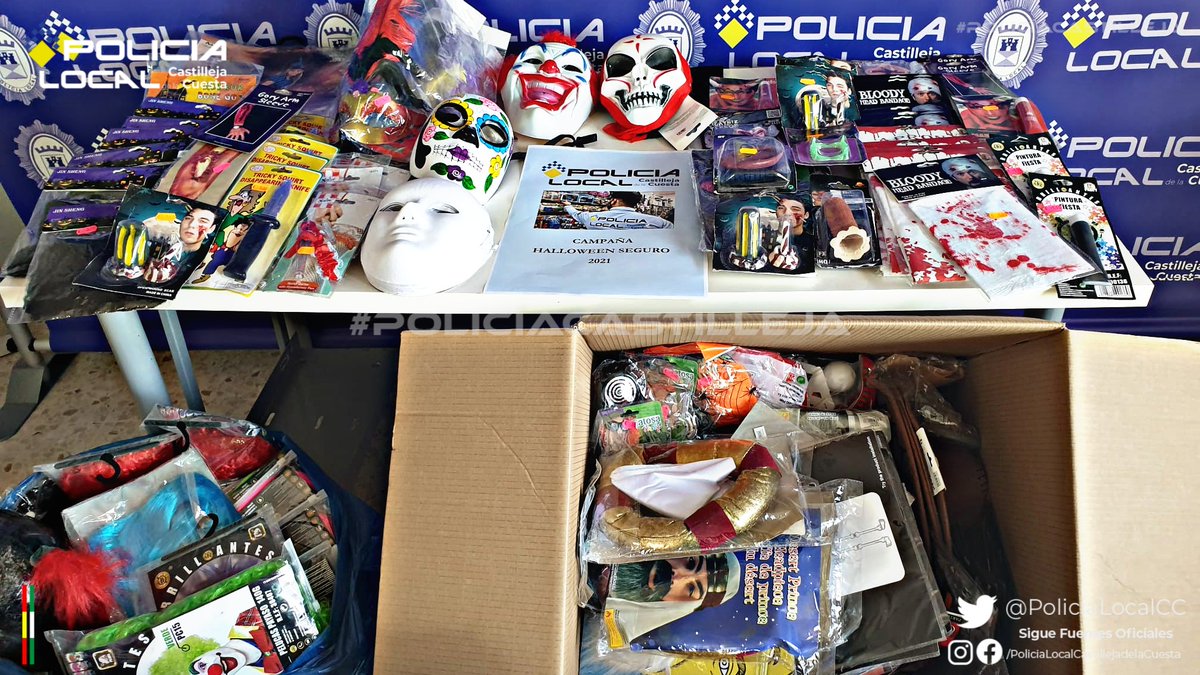 PoliciaLocalcc's tweet photo. Iniciamos la Campaña Especial #HalloweenSeguro 2021 con la inspección de establecimientos.
En las primeras inspecciones ya han sido retirados del mercado más de un centenar de productos por no ser seguros, falta etiquetado o estar incluidos en #RedAlerta.
#PoliciaCastilleja https://t.co/2LxbIQiIHk