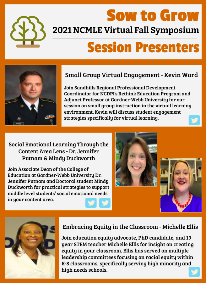 NCMLE is excited to welcome @Ward_RethinkEd, <a href="/Jenputnam17/">Dr. Jennifer Putnam</a>, <a href="/mlbduck/">Dr. Mindy Duckworth</a>, and <a href="/totalstemteach/">Michelle Ellis, PhD</a> as presenters for the FREE 2021 Sow to Grow Virtual Fall Symposium! 🙌
See below for more information. Renew your NCMLE membership by visiting the website below. 
ncmle.org/membership