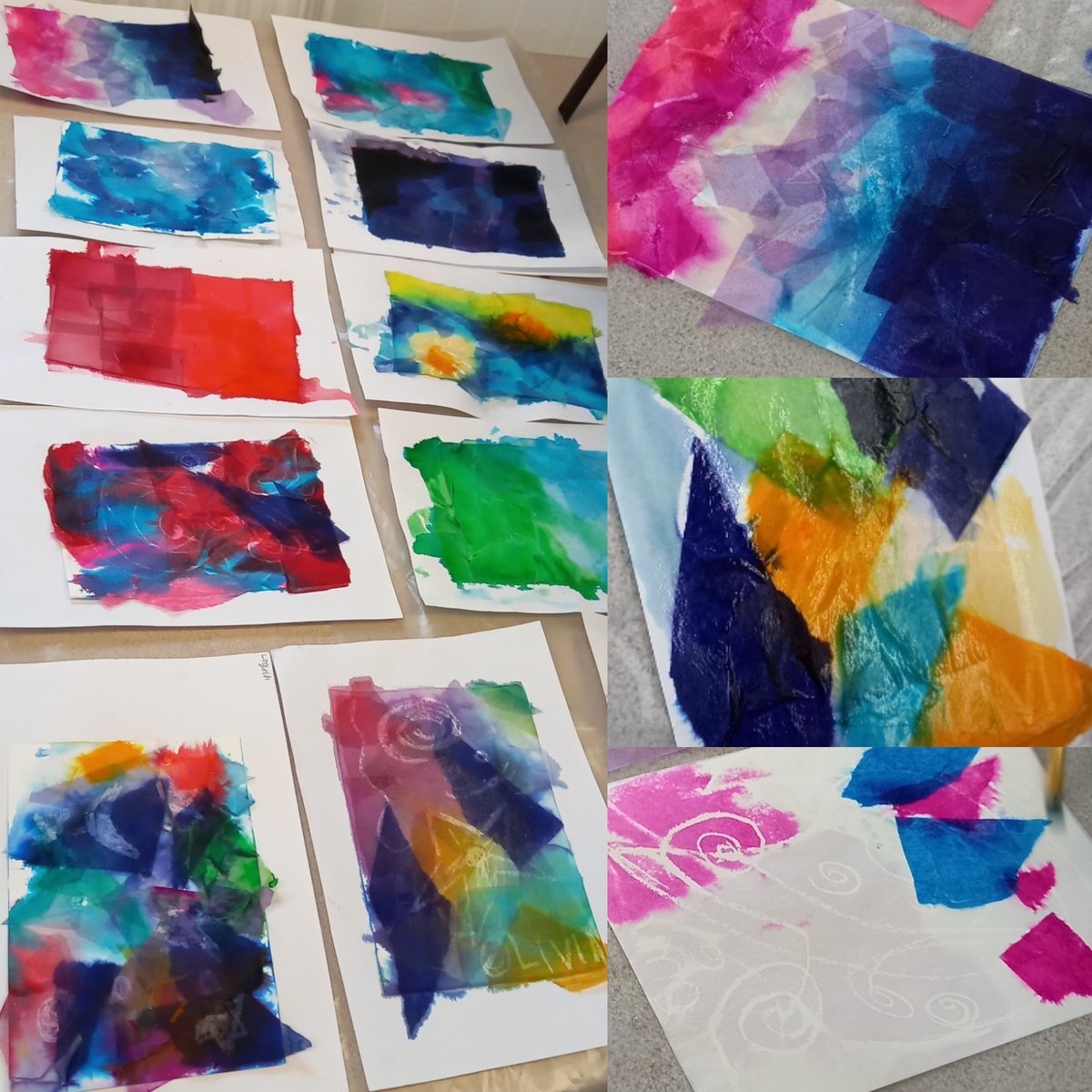 JaneCarlisleArt's tweet photo. Exploring #bleedingtissuepaper over white crayon drawings in kids art club! #kidsartclass #kidsart #kidsartideas https://t.co/modyNkmUx1