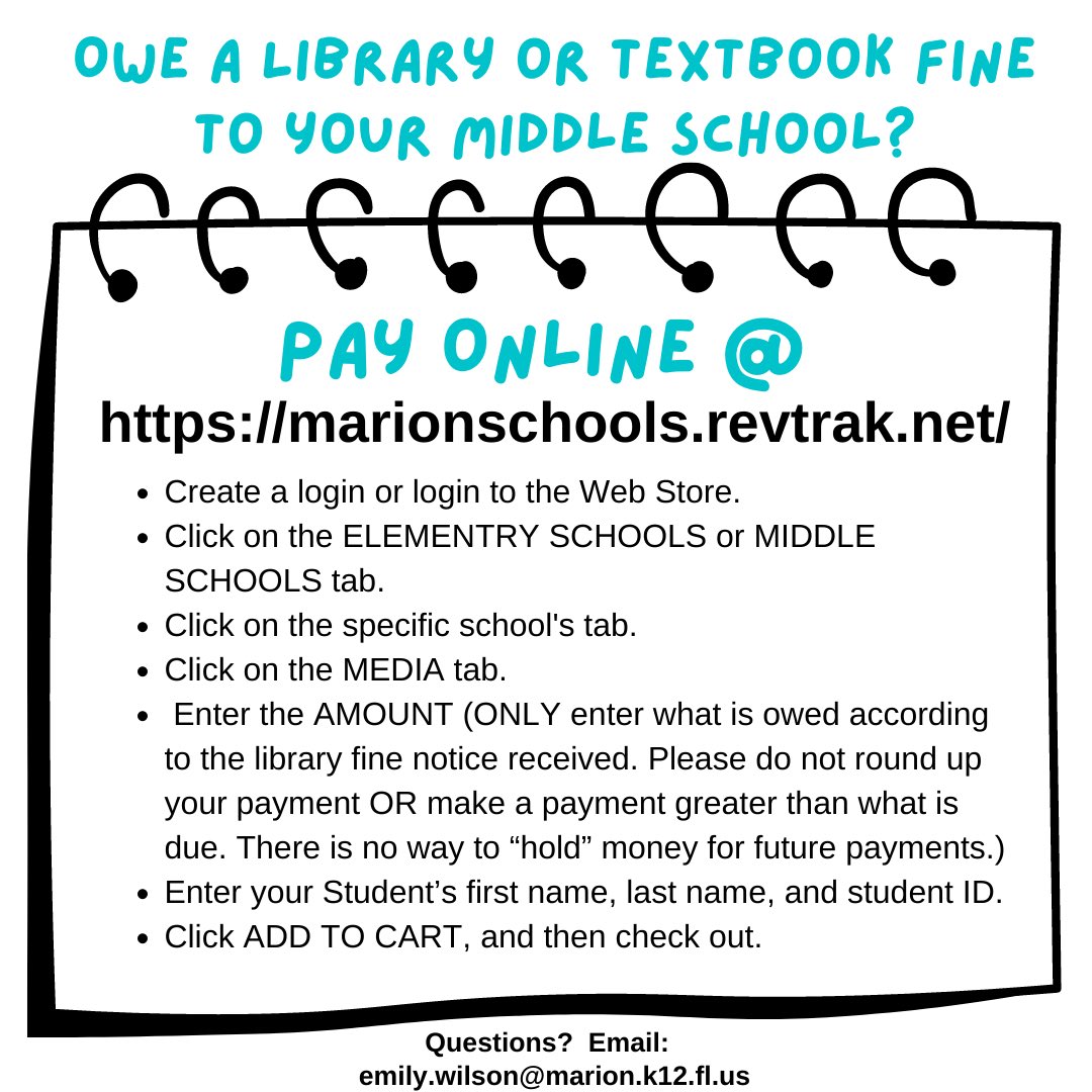 EmilyWilsonMCPS's tweet photo. Do you owe a library or textbook fine to your middle school❓
Did you know that you can pay that directly to your old school online❓
➡️ Follow these directions to quickly and easily settle those old book debts! 🙌 #debtfreeisthewaytobe #schoollibrary #WPHSlibrary https://t.co/rUQvrezMVa