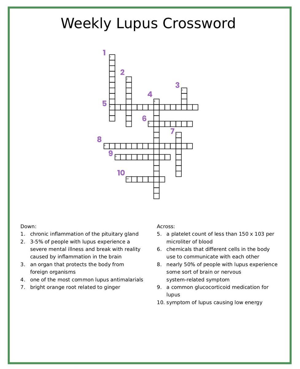 LupusCorner's tweet photo. 🚨Weekly Lupus Crossword!
Hey Lupus Warriors! We're excited to introduce a weekly lupus-specific #crossword puzzle! Test your knowledge and stay informed!
Once you've completed all 10 prompts, click the link to see the answer key.
https://t.co/jodA03EL3W https://t.co/M2iMp9sZC6