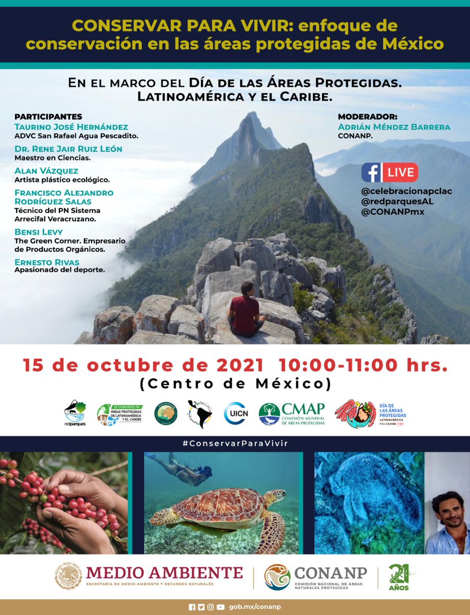 CONANP_mx's tweet photo. Celebremos el Día de las Áreas Protegidas de Latinoamérica y el Caribe con el evento "#ConservarParaVivir: enfoque de conservación en las Áreas Protegidas de México". 🥳

Este viernes, a las 10:00 horas. @AreasCaribe @redparques @uicn_mx 🌲🌊⛰️🦩🏝️🐙🐬🐠🐊🇲🇽 https://t.co/ty5eGI4fO2