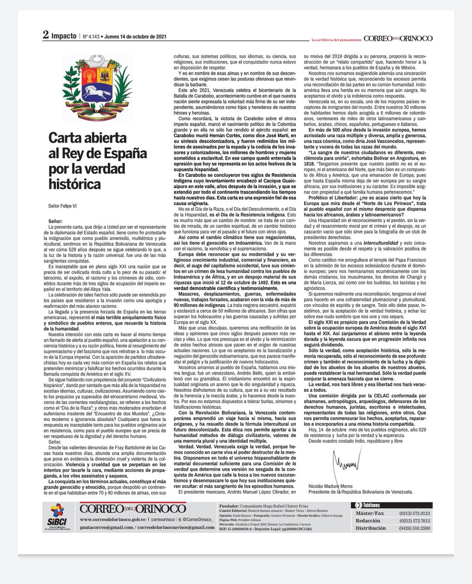 Por la Verdad Histórica
Por la memoria
Por el reconocimiento de la riqueza saqueada
Contra el olvido

 #CartaAlReyDeEspaña