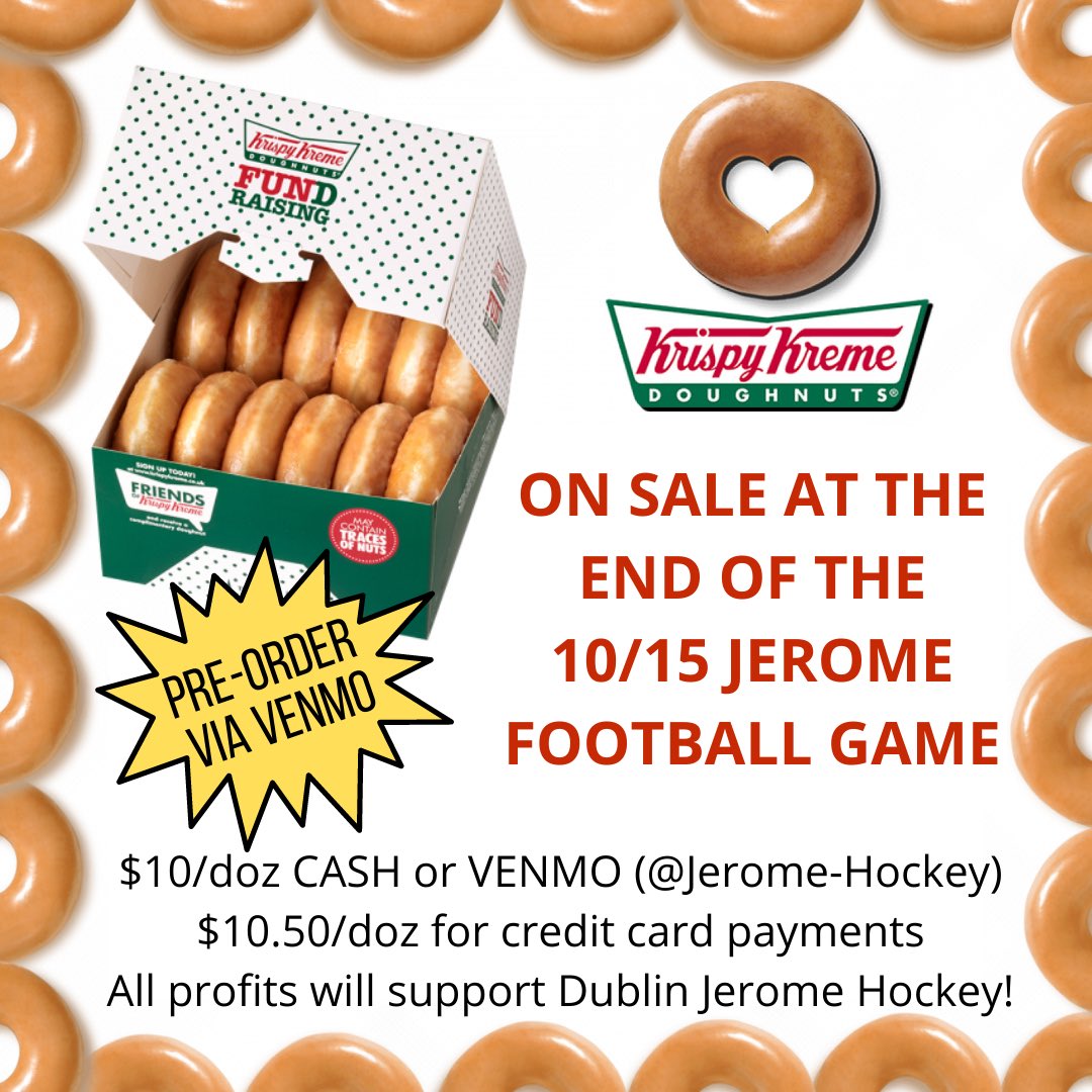 Bring cash to the <a href="/CeltsFootball/">DJHS Celtic Football</a> game tomorrow night to buy donuts on your way out after the game! Proceeds benefit Jerome Hockey. Go Celts!!
<a href="/DJHSCelticsJV/">DJHS Celtics JV Hockey</a>  <a href="/THEjeromejungle/">DJHS Student Section</a> <a href="/jeromeceltics/">Dublin Jerome Athletics</a> <a href="/OOHS_Football/">Orange Football</a>