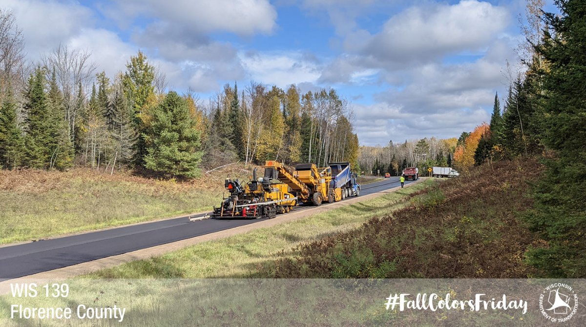 WisDOTnorthcent's tweet photo. Paving is anticipated to wrap up next week on WIS 139 in Florence County. Pavement markings and shoulder work will follow as the project nears completion. Motorists will continue to encounter daytime flagging operations. #FallColorFriday #NCRFallColors π https://t.co/5pwt8IfP2Y
