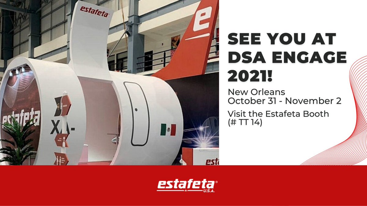 EstafetaUs's tweet photo. DSA ENGAGE 20121, the Direct Selling Association's annual meeting, will be in New Orleans October 31–November 2.

Stop by our booth, # TT 14, and let's talk about helping your MLM business ship to Mexico with the support of the Estafeta infrastructure!
#EstafetaUSA #DSAConference https://t.co/NZv4VYIeIe