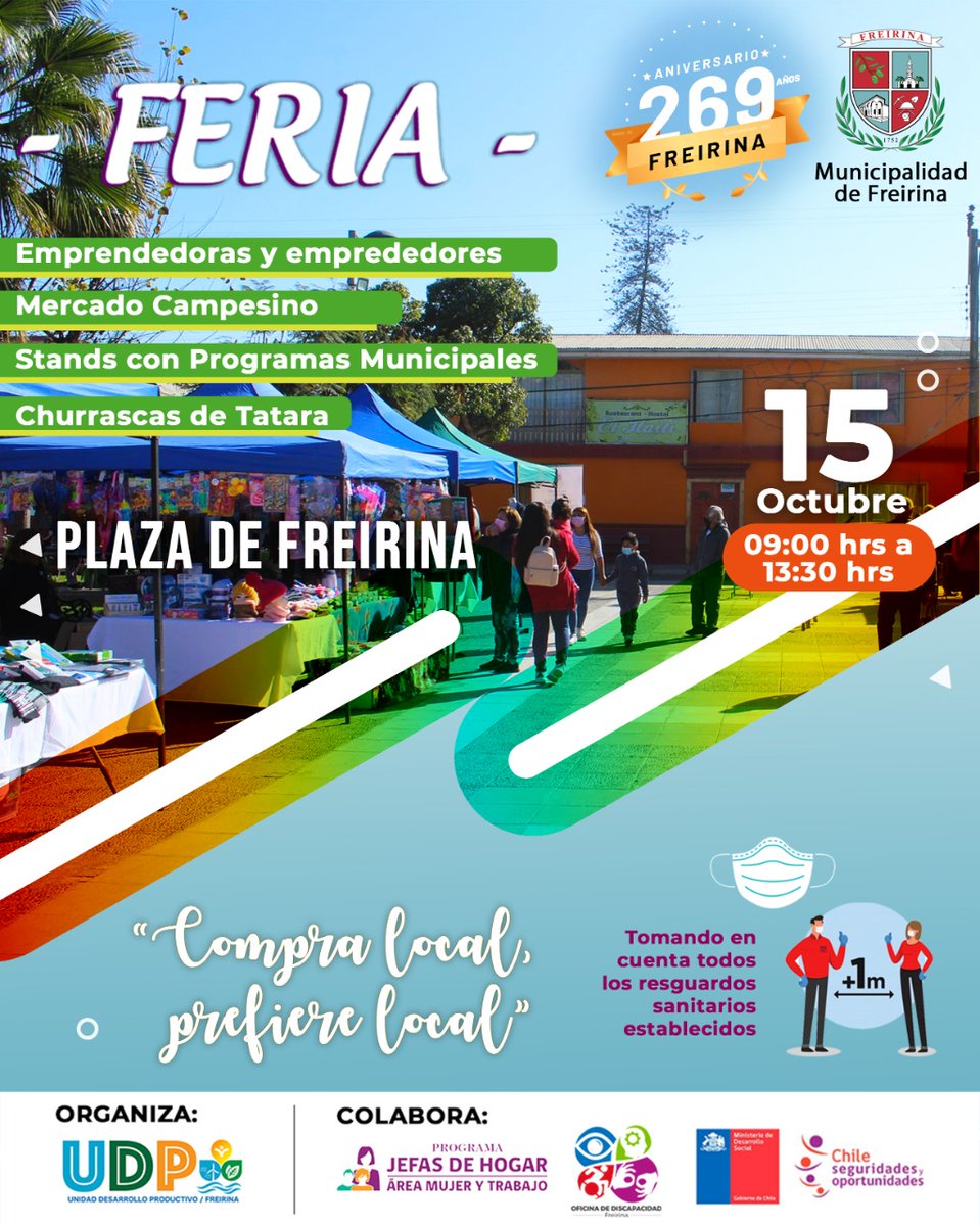 UdpFreirina's tweet photo. Este #viernes 15 d #Octubre d 2021 tendremos nuestra feria de emprendedores/as locales junto con el Mercado Campesino en #Freirina 🌿🌻🍇🧥👟🧸🎀 Además, tendremos tendremos la exposición del proyecto "Archivo Fotográfico de Freirina" como parte del mes aniversario de la comuna! https://t.co/kur2u4J9Np
