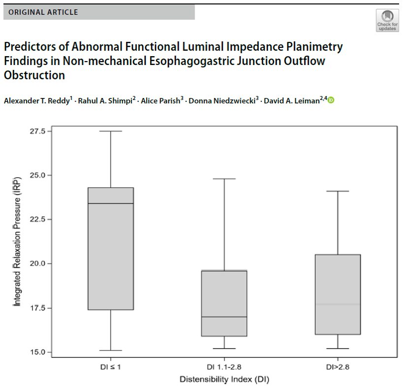 David_LeimanMD's tweet photo. Congratulations @Duke_GI_ fellow @alextreddy on publishing in @DDS_Journal!

✔️Patients w/ non-mechanical EGJOO▶️EndoFLIP
✔️Lower heartburn/regurgitation scores associated w/ low DI (<=1)
✔️IRP trends📈w/ DI

*⃣EndoFLIP can help confirm meaningful outflow obstruction in EGJOO https://t.co/sOsl44JMU1