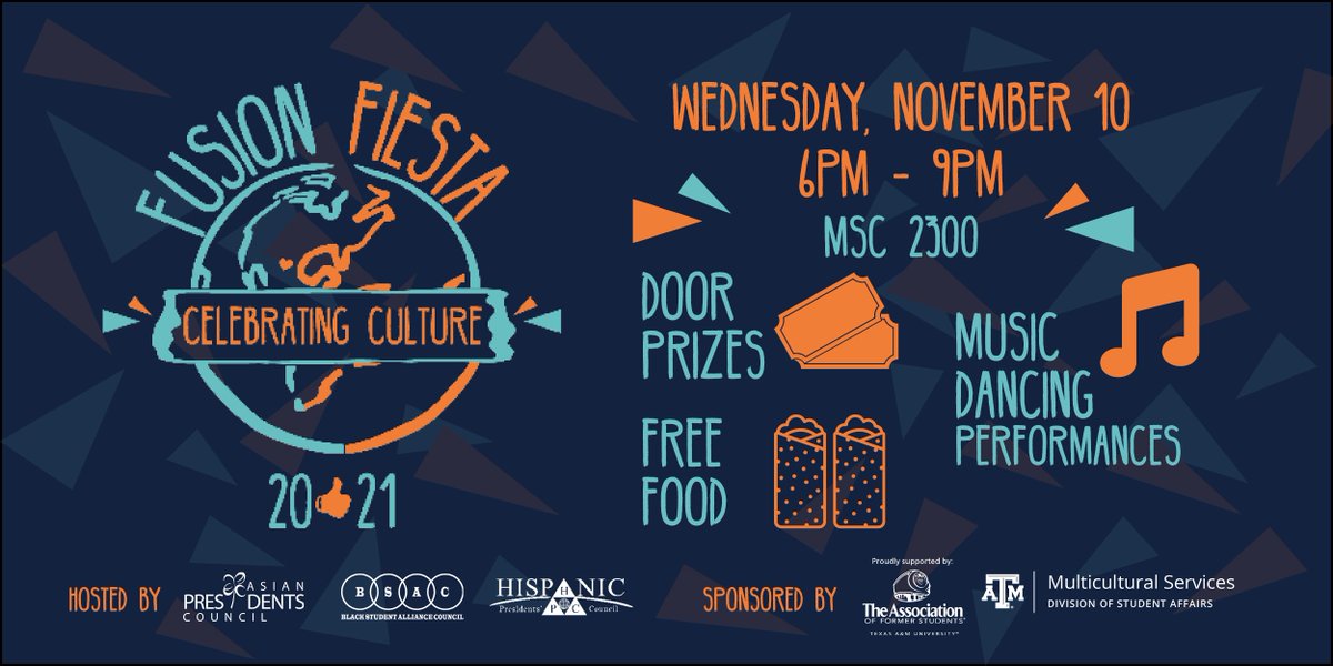 We are excited to announce the return of Fusion Fiesta, hosted by @TAMUAPC, @tamu_bsac, & @hpctamu. Be immersed in a night of cultural displays, food, and performances by numerous student organizations.