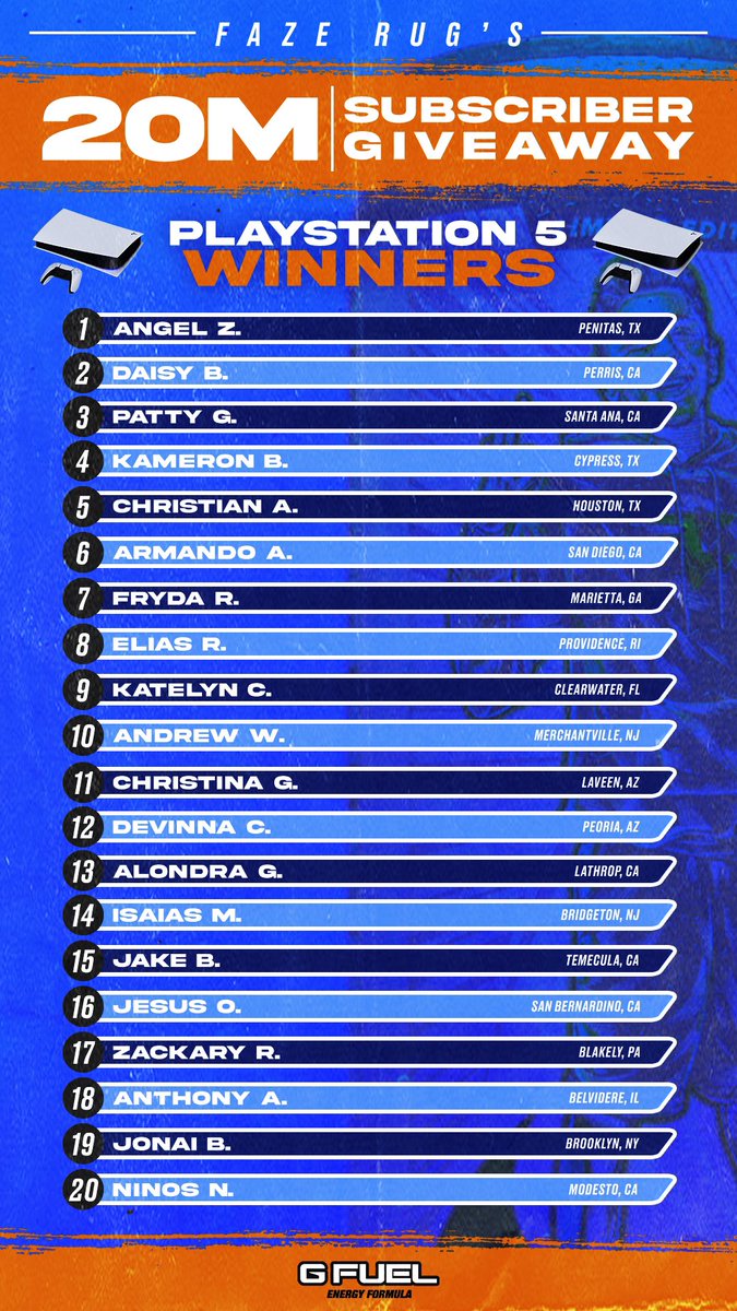 FaZeRug's tweet photo. Here are the 20,000,000 subscriber giveaway winners 🎉🥳 Please don’t be upset if you didn’t win I promise there’s going to be plenty of giveaways in the future ❤️ https://t.co/XA0ltOmEJV