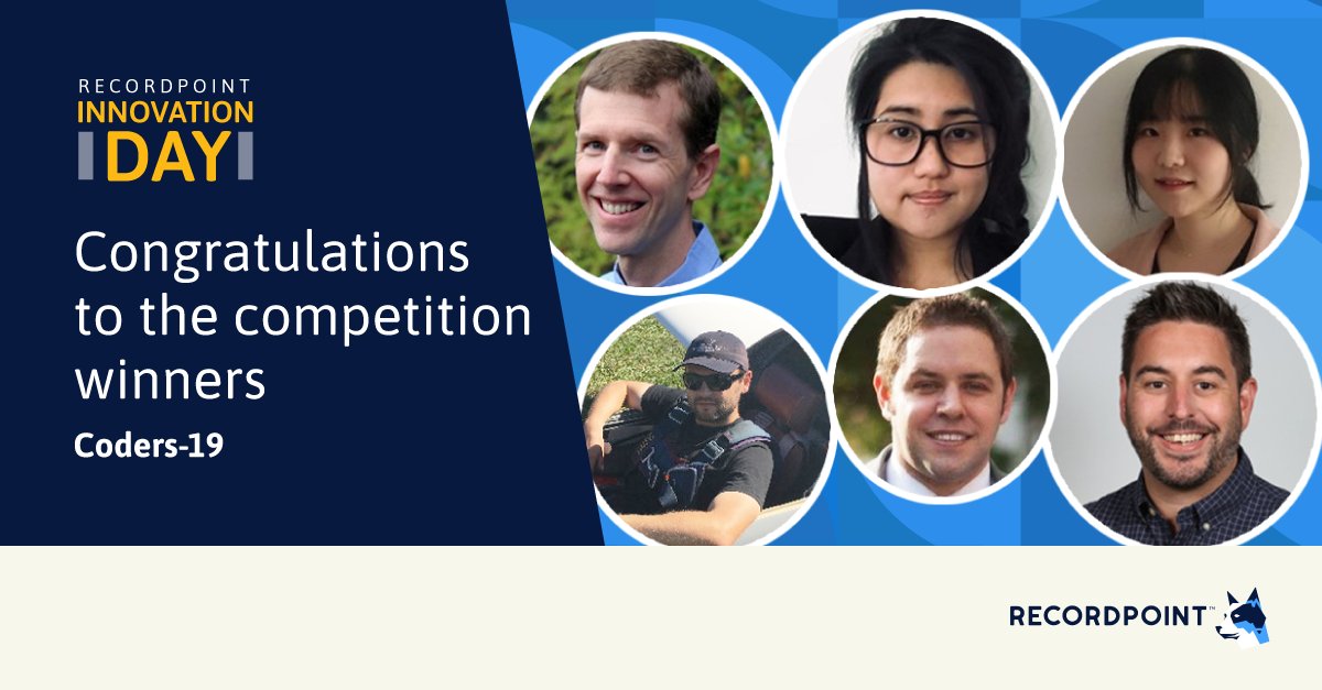RecordPoint's tweet image. Shout out to Paul K., Maki N., Rich M., Michael A., Nance C., and Philip H., winners of our #Innovation Day competition! They came together as Coders-19 to create a new automated rules engine framework to enhance hands-free records classification at scale.