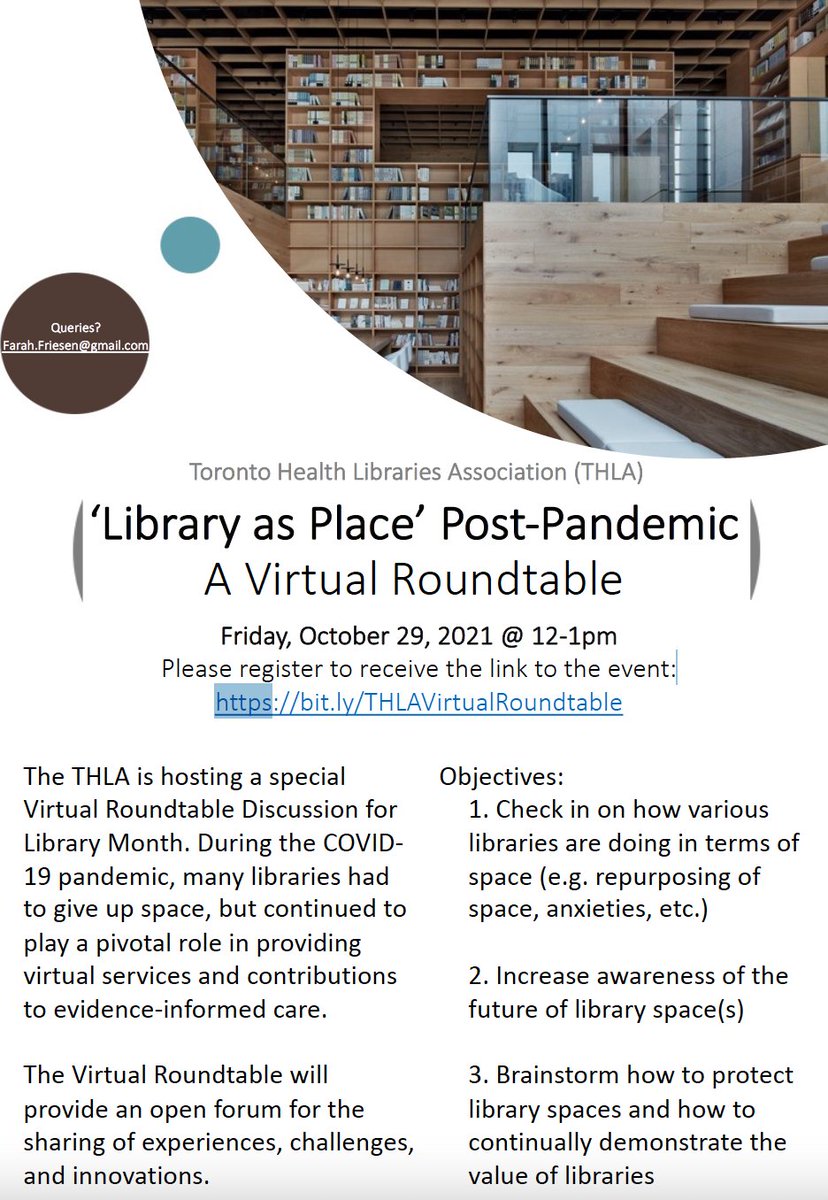 THLA_1's tweet photo. THLA is hosting a special event for #librarymonth - come join us!
 
'Library as Place' Post-Pandemic: A Virtual Roundtable 
Fri Oct 29, 2021 @ 12-1pm

An open forum for the sharing of experiences, challenges, and innovations. 

Please register at https://t.co/PkXR7KNBfS https://t.co/R0aFVX4uR2