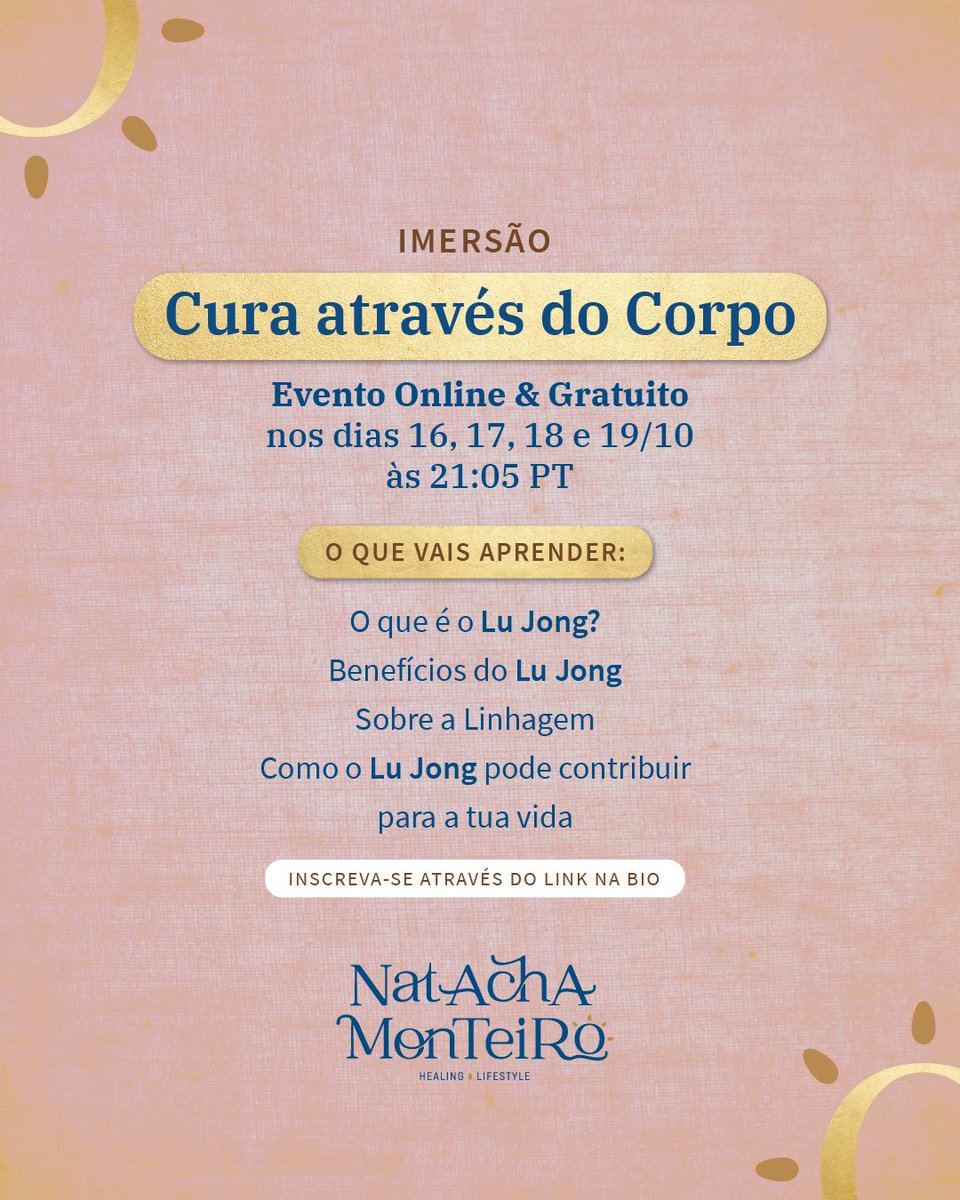 NatachaMontei10's tweet photo. Vão ser 4 dias, 4 aulas onde vou partilhar sobre mim, sobre o Lu Jong (benefícios, linhagem etc), e acima de tudo espero 🤞 chegar até ao teu coração para por ti começares a escolher o caminho do amor, coerência e bem-estar 🧡 

💥Link para inscrição💥

https://t.co/ZL8mKV4iyt https://t.co/pLlVmPfOHk