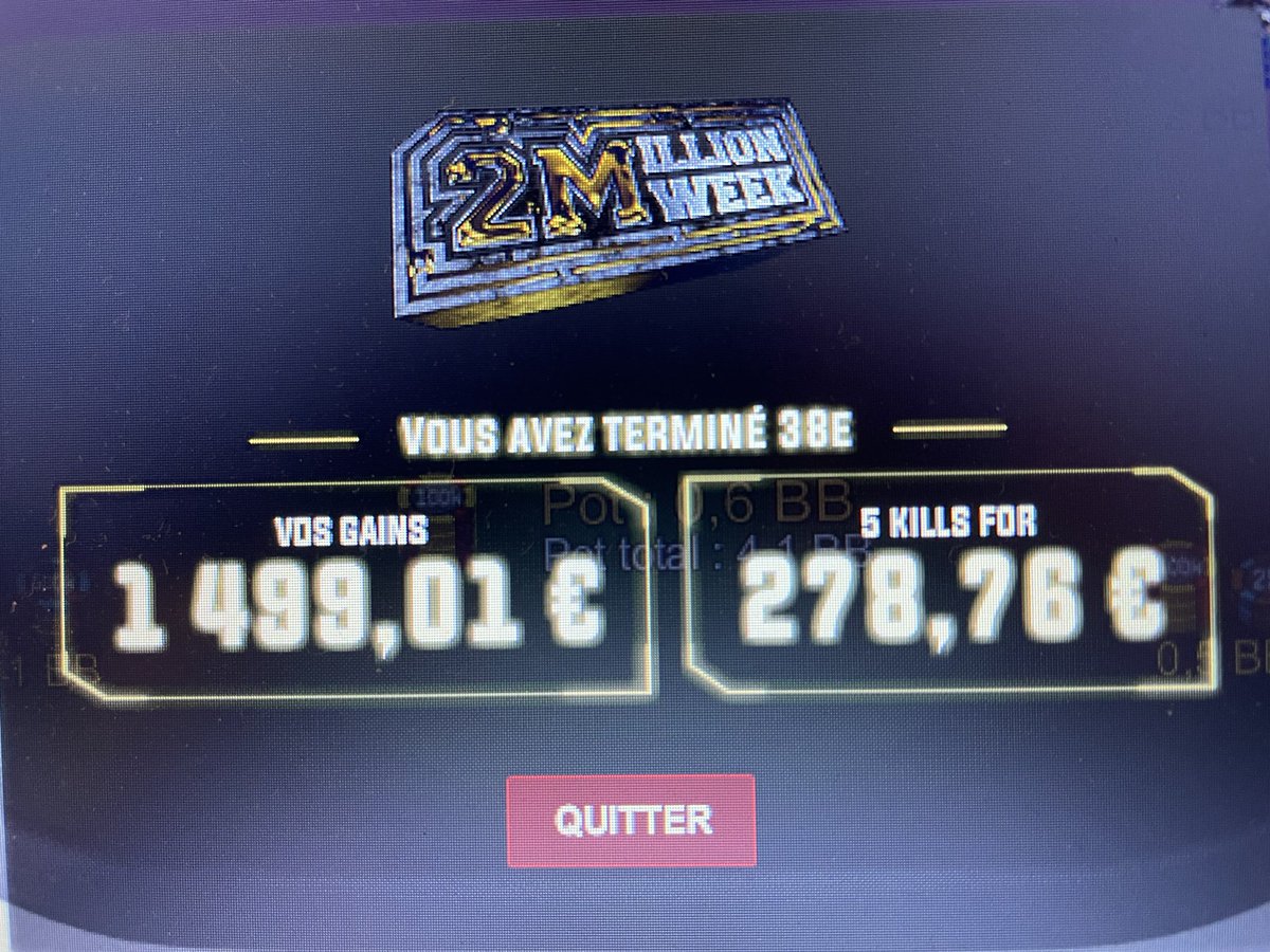 Lawizzzz's tweet photo. Pas de One Time…

Je sors les armes à la main sur un set up où jai rien à me reproché j peux rien faire d’autre au flop, j’étais shortstack avec 14BB au départ du coup.

Finis 38ème sur 52 141 😳
Mais j passe à côté des gros billets 😭
J’aurai bien vibré

#2MillionWeek @Winamax https://t.co/jiCdihavEp