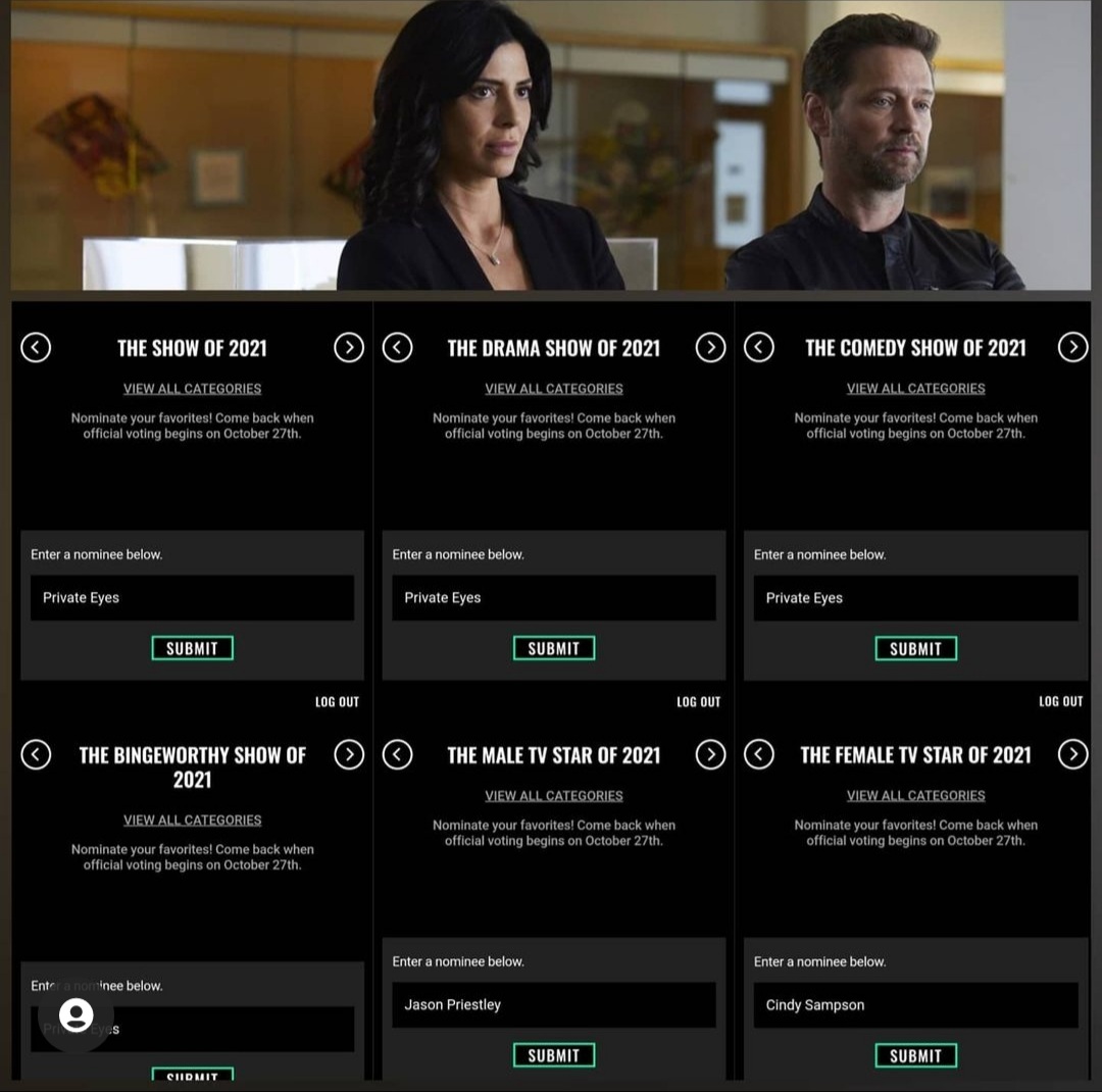 coupleshangie's tweet photo. @peopleschoice nominations are open (today's the last day) and I think we should nominate #PrivateEyes in every category we can! They deserve it and we have to keep fighting for this show. (and remember to nominate as many times as you can!) @jason_priestley @CindyMSampson #PCAs https://t.co/oQxWYeeMEj