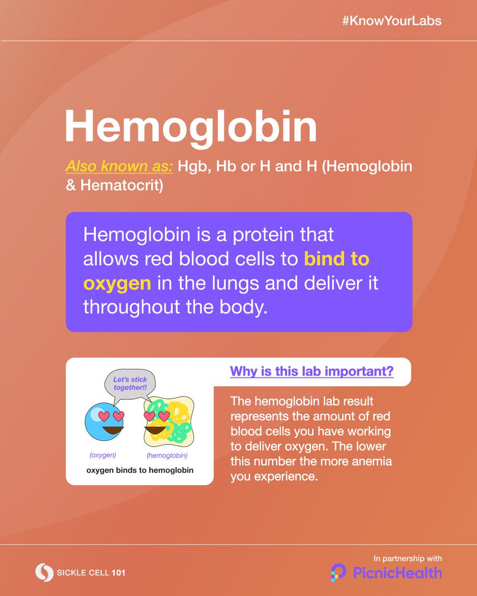 sicklecell101's tweet photo. The hemoglobin lab test shows how many red blood cells are able to deliver that oxygen and the hematocrit test is a simple blood test that measures the percentage of red blood cells in your blood. #knowyourlabs
In partnership with @picnichealth #sicklecell101 #sicklecell https://t.co/dbdccIBf7n