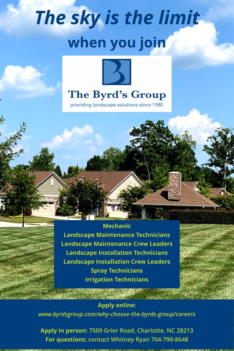 TheByrdsGroup's tweet photo. We're Growing! | The Byrd's Group: https://t.co/mXyWWOLiFg 

#joinourteam #mechanics #werehiring #whyilandscape #nclandscapers #greenindustry #crewleaders #fieldstaff #technicians #laborers #landscapemaintenance #landscapeinstallation #spraytechnicians #irrigationtechnicians https://t.co/08g2FXkIhH