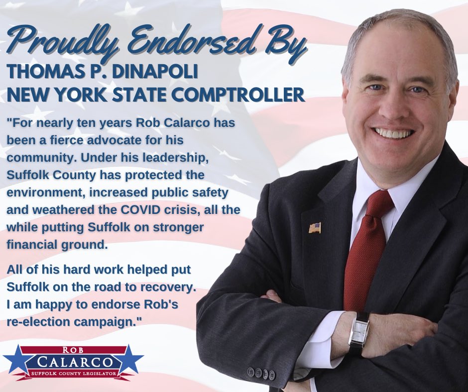 RobCalarco's tweet photo. I am proud to have the support of such an exemplary public servant who has worked tirelessly to ensure that state and local governments are effectively utilizing taxpayer dollars while also strengthening our pension system. 

Thank you for your support, @NYSComptroller! https://t.co/iWQDW6C57S