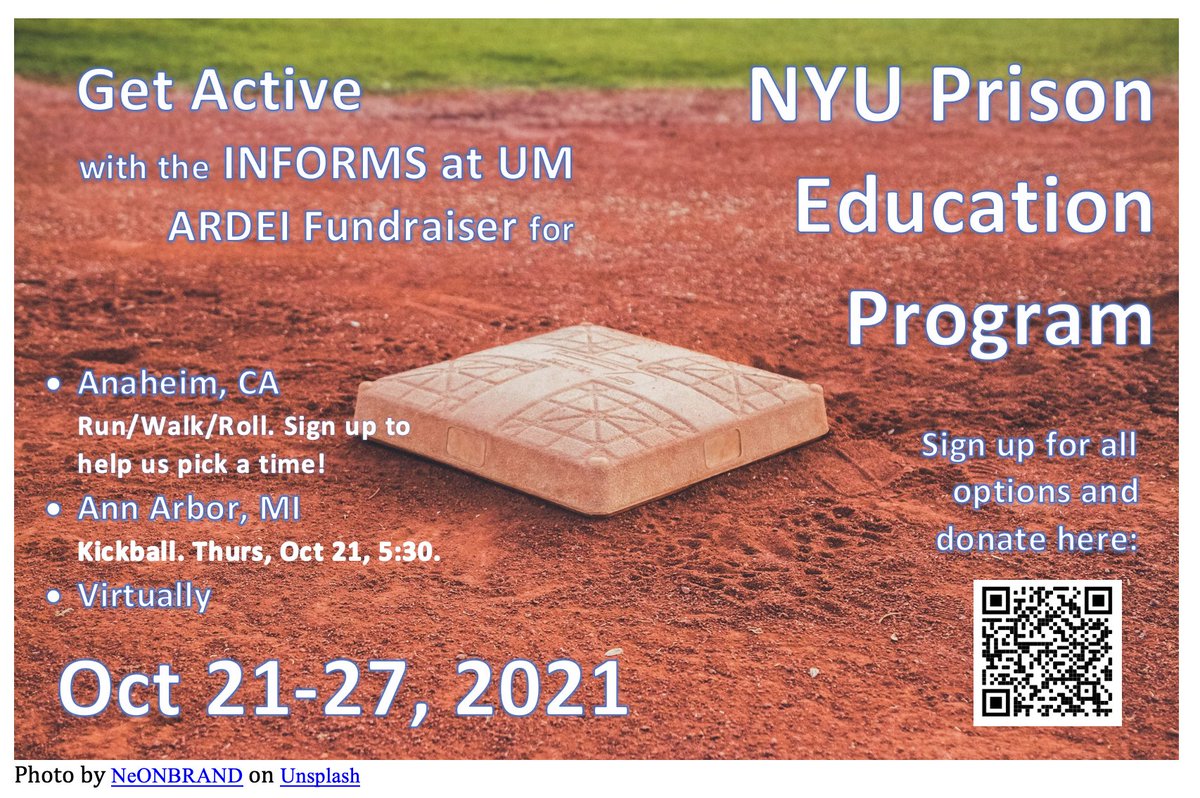 Join the INFORMS ARDEI Committee for a chance to get active and to raise funds for the New York University Prison Education Program (<a href="/NYUPrisonEd/">NYU Prison Education</a>)! All proceeds will go to emergency funds for students in the NYU PEP Bridge Program.