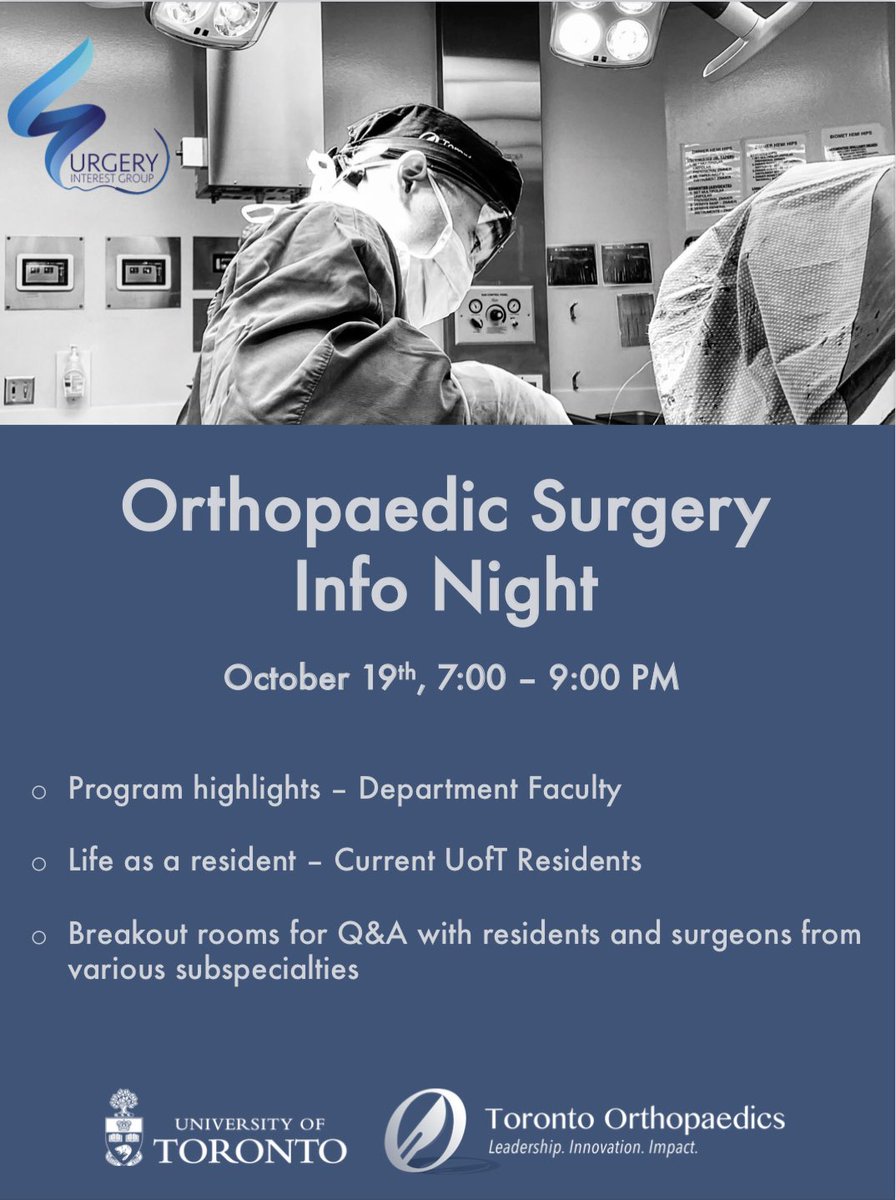 Hey budding orthopods 🦴! Want to learn more about Orthopaedic Surgery? Come check out our info night on Tues. Oct. 19 from 7:00-9:00PM and hear from Faculty and staff including Division Chair <a href="/Toronto_Ortho/">Peter Ferguson</a>. Follow the link to sign up. See you there! forms.gle/Coe8Av66fRgR3w…