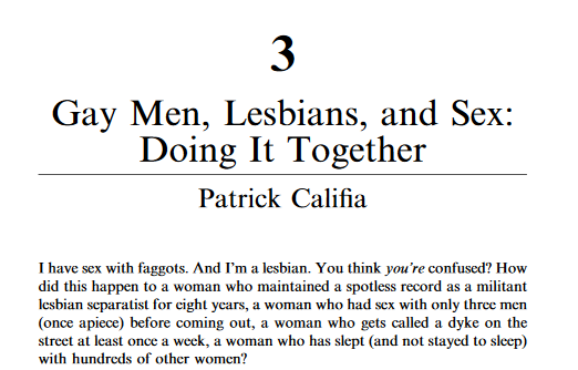 doggy_dyke's tweet photo. Found a neat collection of essays that included one with the title "Gay Men, Lesbians, and Sex: Doing It Together" and it's really fucking amazing and hits on things that I feel a lot as a lesbian with the occasional interest in queer men. It's so fuckin funny. Love this so much https://t.co/9Hf7YfAntb