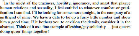 doggy_dyke's tweet photo. Found a neat collection of essays that included one with the title "Gay Men, Lesbians, and Sex: Doing It Together" and it's really fucking amazing and hits on things that I feel a lot as a lesbian with the occasional interest in queer men. It's so fuckin funny. Love this so much https://t.co/9Hf7YfAntb