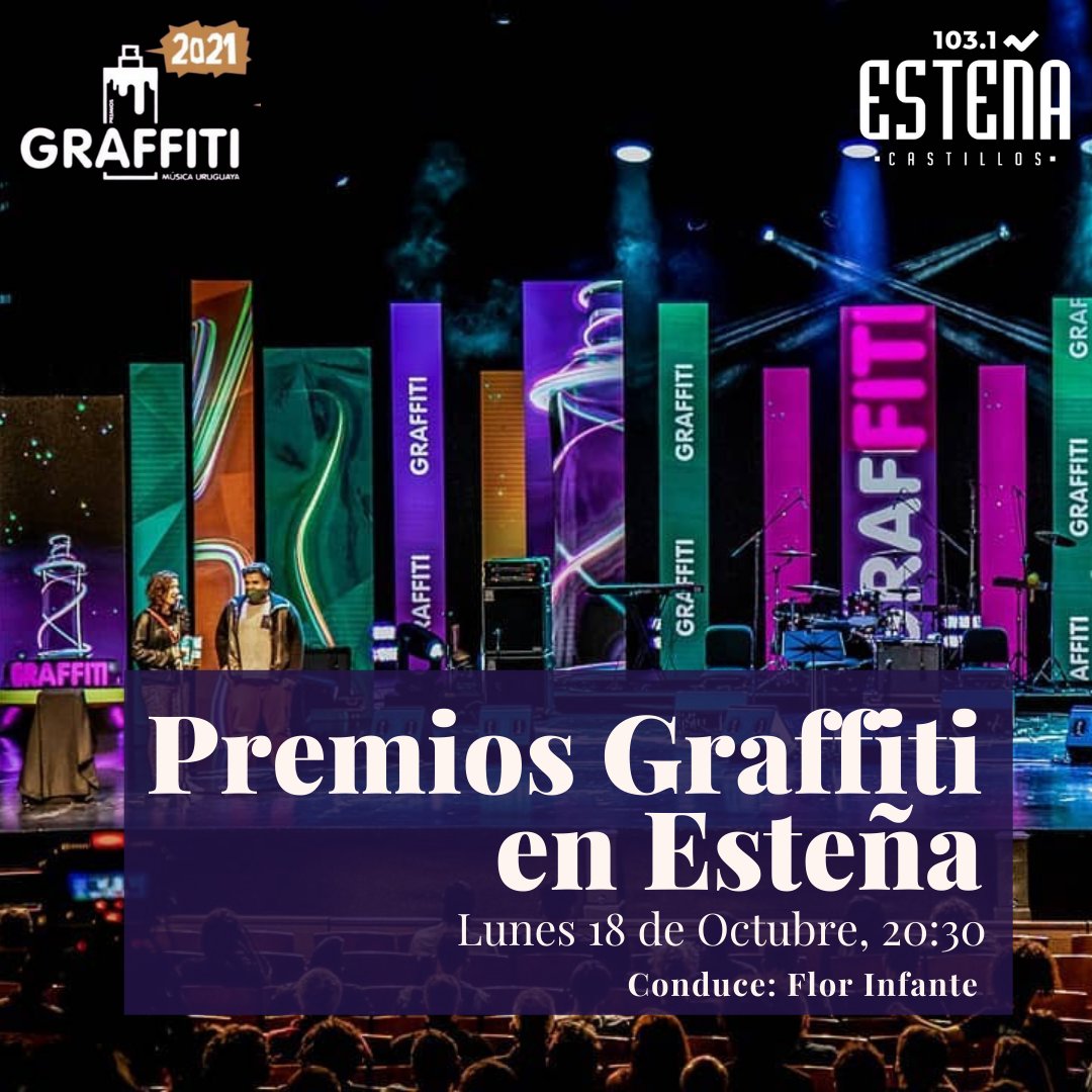 EstenaUy's tweet photo. Nos sumamos a la transmisión de @PremiosGraffiti que será presentados por la genia de @florenciainfant
 -
Si estás en Rocha 🌴:  103.1 📻 Esteña. https://t.co/ps4Rf0fkVL