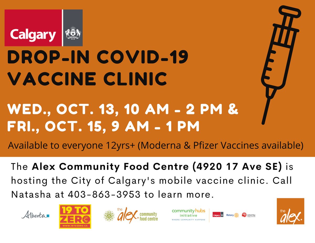 Pfizer and Moderna vaccines will be available tomorrow from 9am-1pm at The Alex Community Food Centre. No appointment needed, folks can simply drop by, get their shot, and have a delicious homemade breakfast free of charge! <a href="/goodfoodyyc/">The Alex Community Food Centre</a>