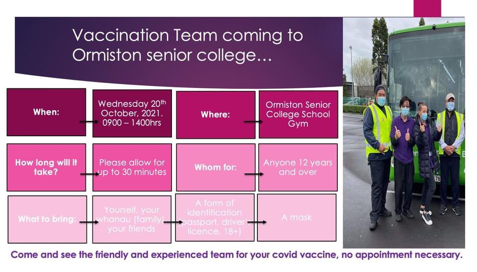 Kia ora Ormiston whanau and friends!
If you are unable to get vaccinated during SUPER SATURDAY’s vaxathon, come get your jab at our school gym next Wednesday!
Let’s VAX A NATION.

#beFabgettheJab  #kiakaha