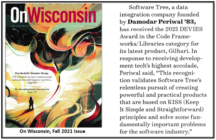 dperiwal's tweet photo. Honored to have been featured in my alma mater @UWMadison's alumni magazine, OnWisconsin, for winning a 2021 DEVIES award for @SoftwareTree's latest data integration product, Gilhari.
Learn more: https://t.co/crAAPr1Tfm 
#gilhari #microservices #json #rdbms #Docker #databases https://t.co/i6Tx0wKp8O