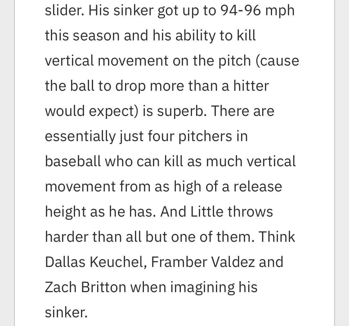 Interesting blurb on Brendon Little’s sinker. The “killed movement” refers to spin deviation/seam-shifted wake. The pitchers listed have had lots of success with it at lower velos than Little.

From <a href="/LanceBroz/">Lance Brozdowski</a>