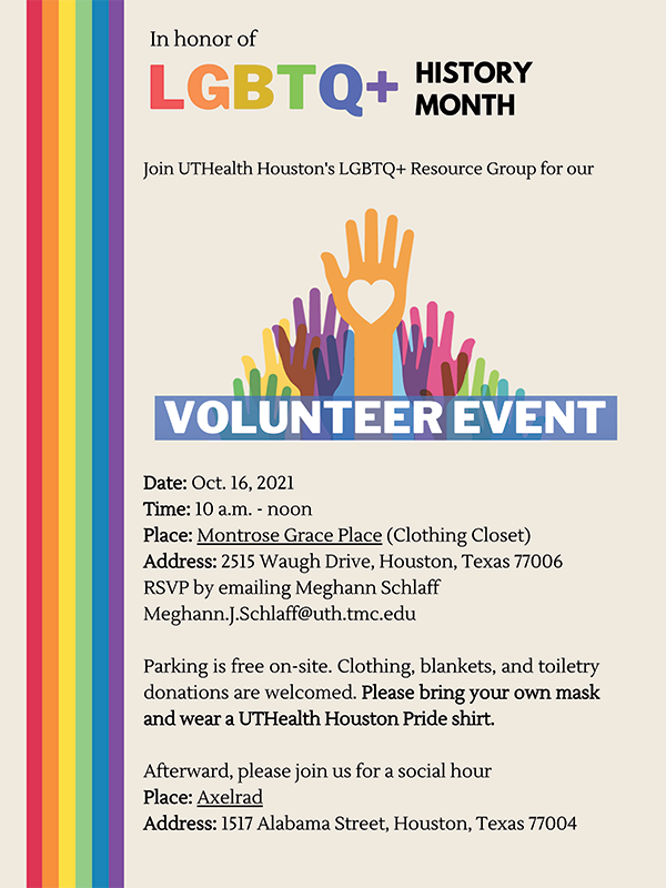 McGovern Med School (@mcgovernmed) on Twitter photo In honor of LGBTQ+ History Month, Join <a href="/UTHealthHouston/">UTHealth Houston</a>'s LGBTQ+ Research Group for a volunteer event Oct. 16 at Montrose Grace Place. In honor of LGBTQ+ History Month, Join <a href="/UTHealthHouston/">UTHealth Houston</a>'s LGBTQ+ Research Group for a volunteer event Oct. 16 at Montrose Grace Place.