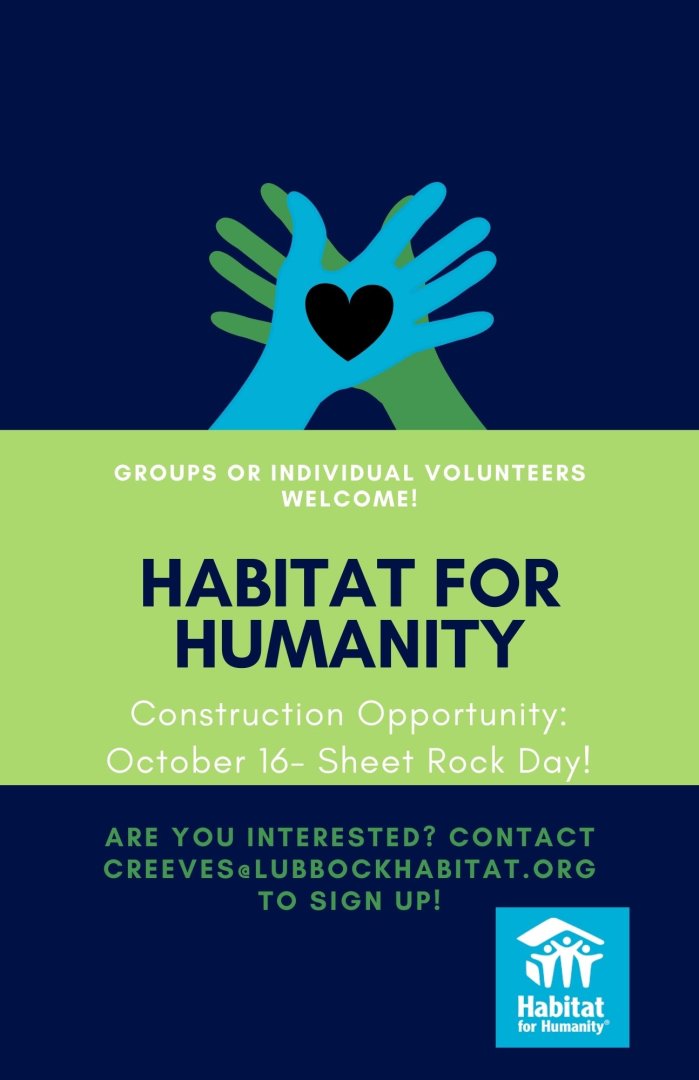 getinvolvedTTU's tweet photo. This weekend, Habitat for Humanity is finishing what they started! Groups or individuals are welcome to volunteer and help with construction. This weekend, October 16th, is sheet rock day! 
To volunteer, contact creeves@lubbockhabitat.org https://t.co/FcPFAWiW7z