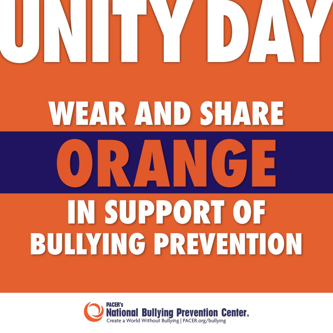 Be sure to WEAR ORANGE tomorrow for Unity Day, an event to recognize National Bullying Prevention Month. Let's join together to send a visible message that no child should ever experience bullying. #unityday2021 #nationalbullyingpreventionmonth