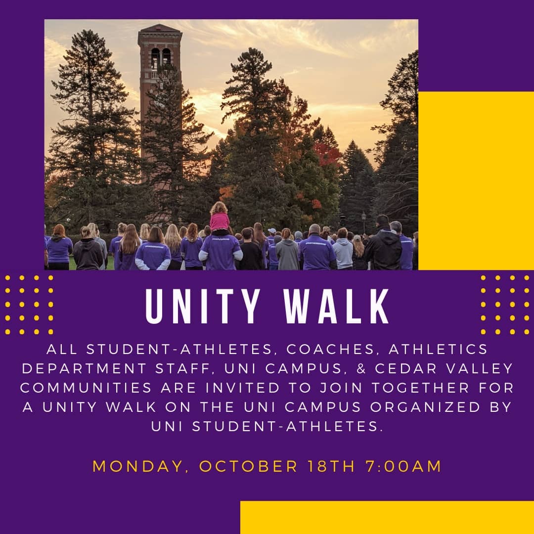 PanthersRising's tweet photo. UNIty Walk is only a few days away! Can't wait to have everyone together on Monday, Oct. 18th! 💜💛

Here's a look back on last year's walk: https://t.co/enh2KmmMSb

#UNItyWalk #UNItyWalk2021 #1UNI #EverLoyal https://t.co/KL1s4EuO4V