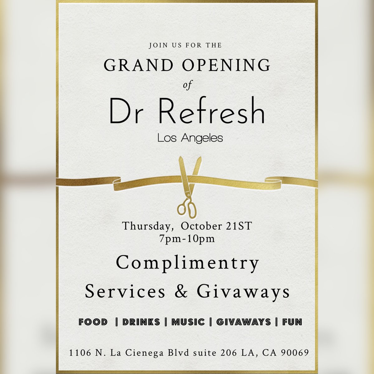 dr_refresh's tweet photo. We are beyond excited to invite you to our Grand Opening event next Thursday October 21st at 7pm. We will have Food, Drinks, Music and most importantly giveaways! Hope to see you next week! https://t.co/NlNIeXZiWp